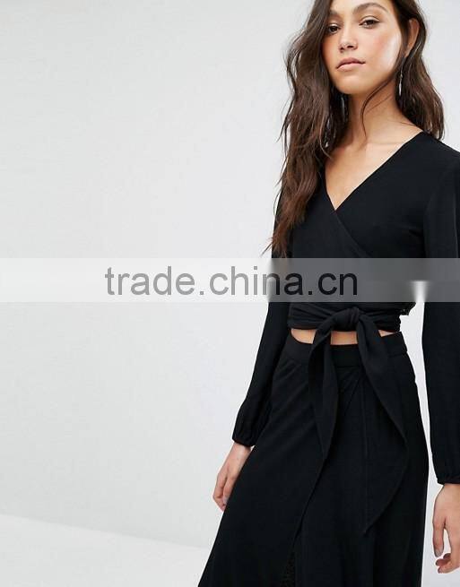 Lace Back patchwork Designer Plain Black long Sleeve wrap crop tops for women 2016