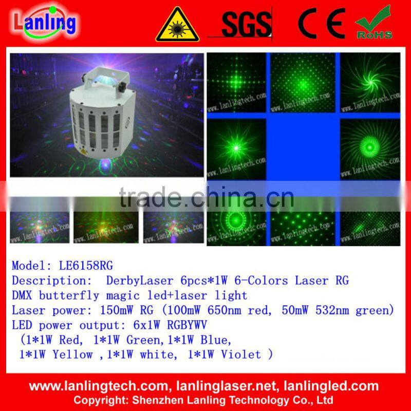 DerbyLaser 6pcs*1W RGBYWV Laser RG 8 Gobos DMX butterfly magic led+laser light