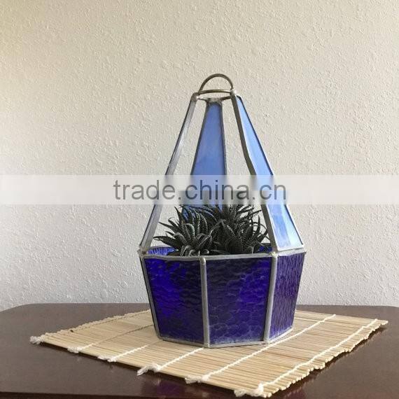 Mid Century Modern Leaded Large Vintage Teardrop Hanging Stained Glass Geometric Teardrop Shape Plant Holder Terrarium