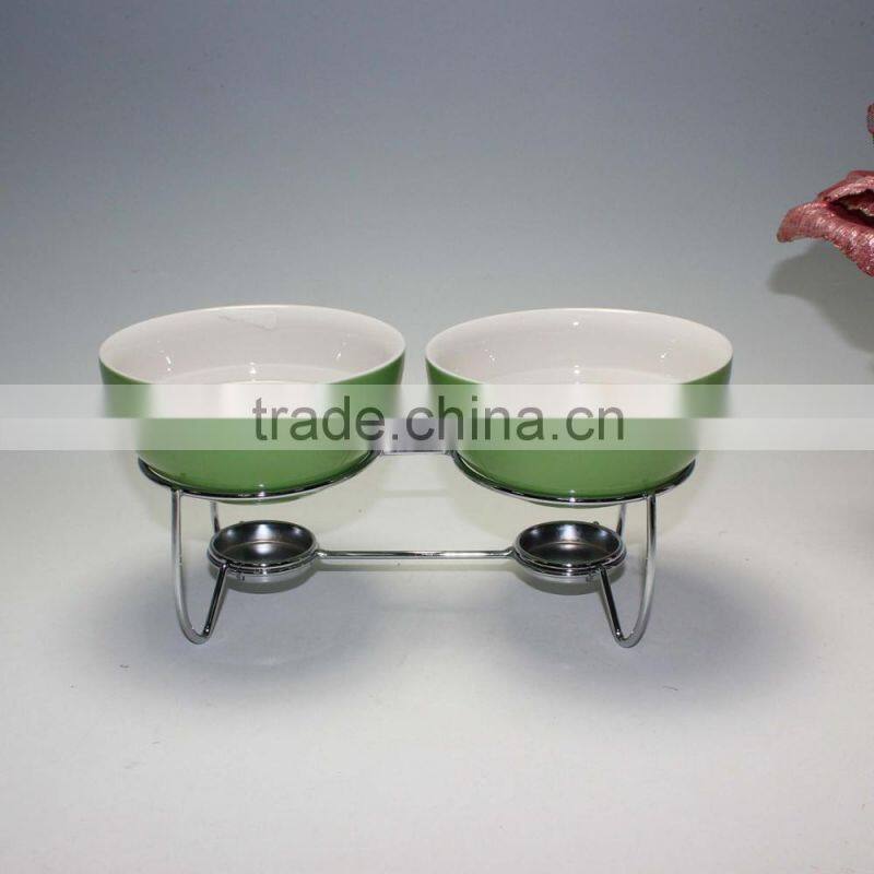 Two Compartments Ivory White Ceramic Porcelain Tealight Candle Cheese Butter Chocolate Fondue Set