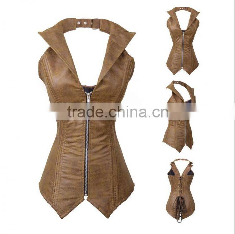Women's Steel Boned Corset Gothic Faux Leather Halter Collar Steampunk Bustier
