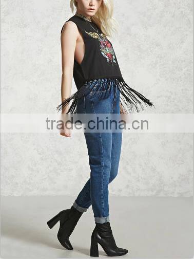 2017 Women fashion tank top ptinted front tassel details black cool tops for women