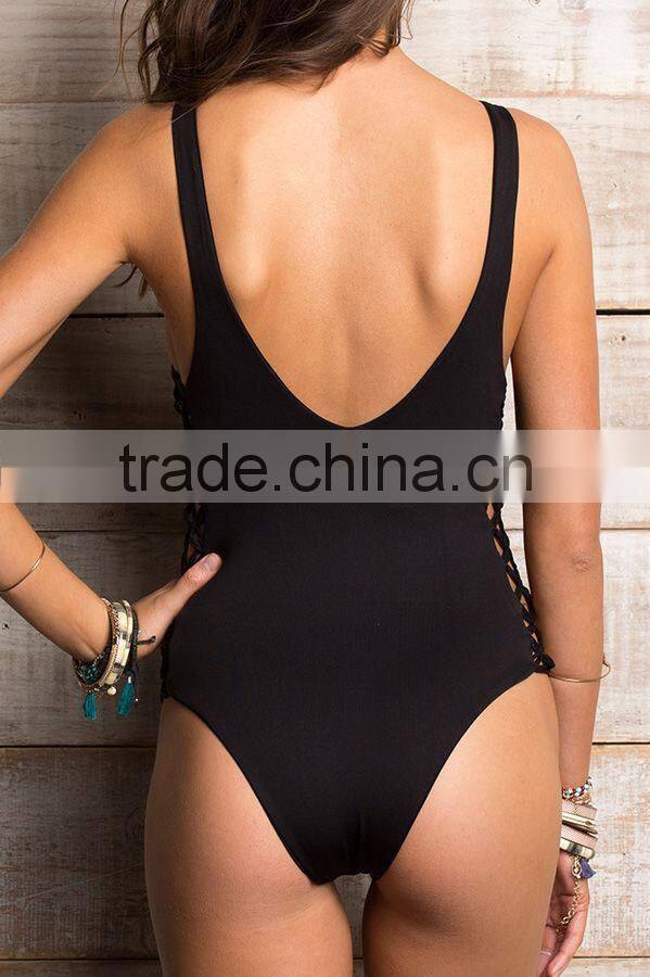 ladies black and side braid one-piece swimwear