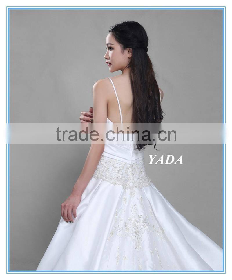 Custom Made Spaghetti Strap Douppioni Hand Embroidery and Beaded A Line Wedding Dress