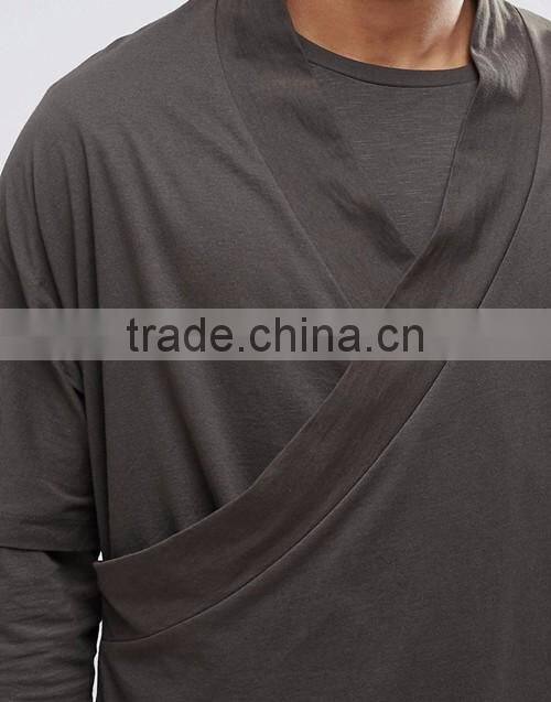 Customize men plain fashion oversized long sleeve double layer kimono t-shirt / tees