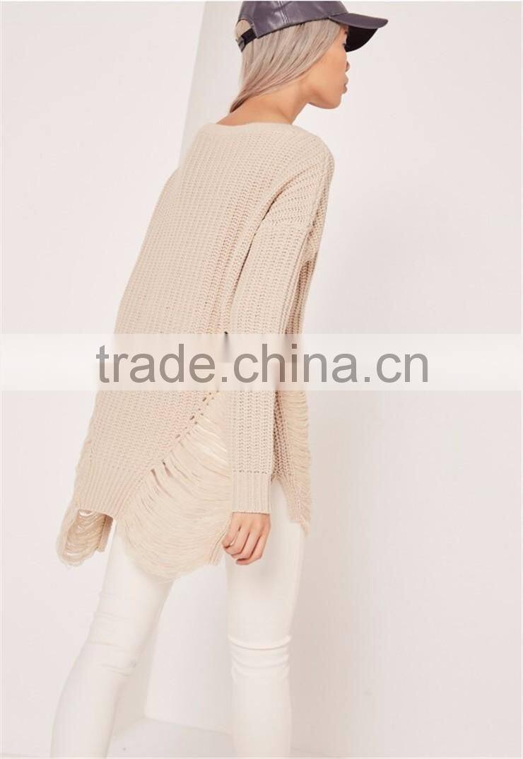 Custom Made Women Longline Oversized Knitwear Private Label Own Branding Sweater Distressed Off Shoulder Jumper Cream