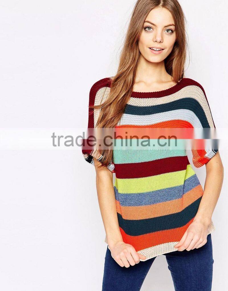 Cheap Price Rainbow Multi-color Colorful Sweater Slim Fit Casual Crew Neck Knit Top In Stripe Half Sleeves For Ladies
