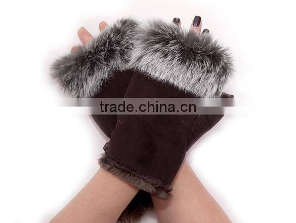 2015 New Women's Rabbit Fur Hand Wrist Fingerless Warm Winter Gloves 3379