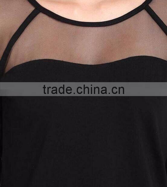 Two-color long sleeve t-shirt skin tight t shirt with net design