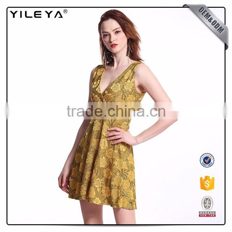 Odm Services Pleated V Neck Sleeveless Dress Flower Slim Waist