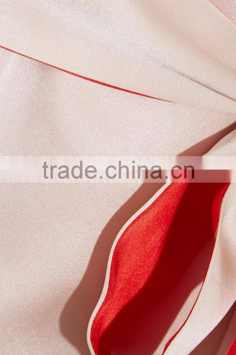 2017 New Style Pink and Red Color Blocking Embroidered Satin Robe with Waist Tie