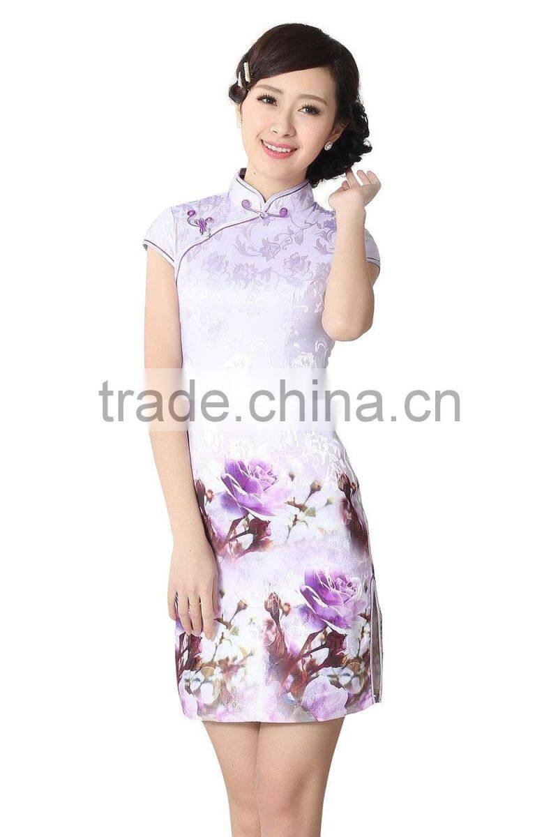 Ladies 100% cotton short sleeve reformative Chinese traditional elegant qipao dress