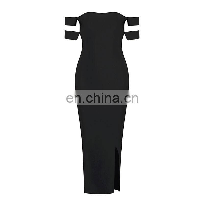 Amigo 2017 new designer sex black off-shoulder double sleeve jigh slit bandage dress long evening dresses for women party wear