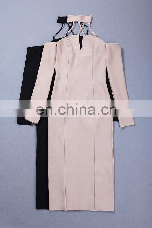 Amigo 2017 fashion beige long sleeve halter backless crossover bandage dress elegant prom dresses for celebrity in red carpet