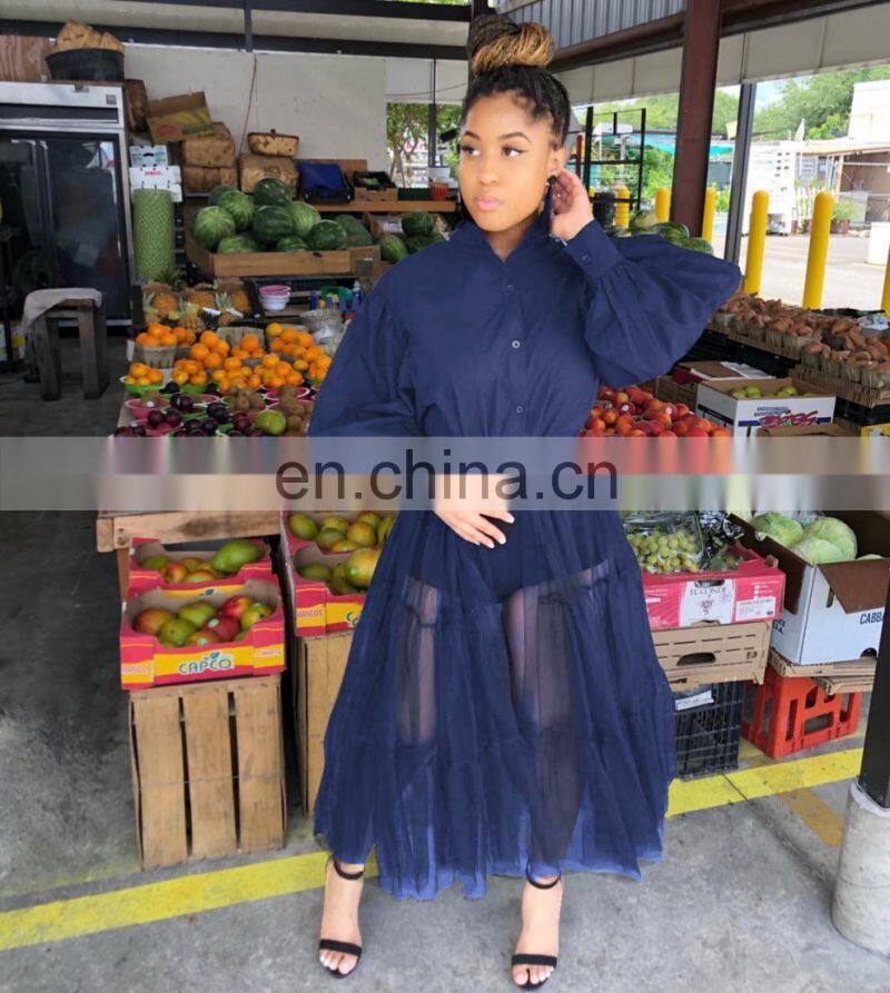 (Belt not included) Customized new women's fashion big size nightclub mesh translucent stitching long sleeve dress