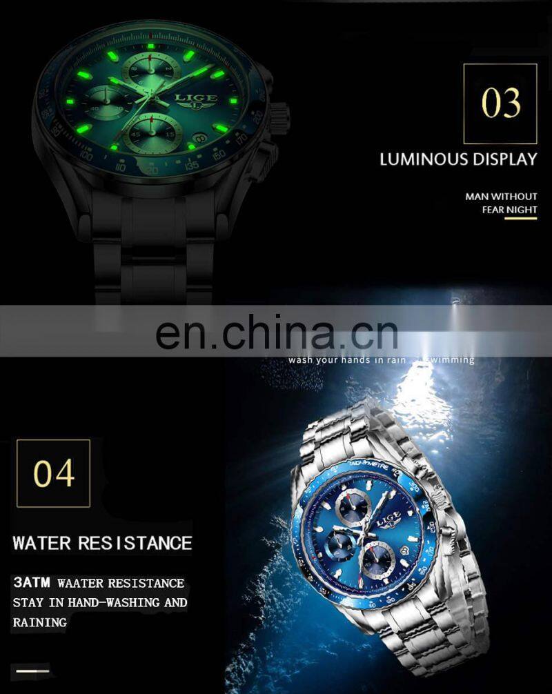LIGE 8931 Men Quartz Watch Fashion Waterproof Calendar Diver watches men wrist top