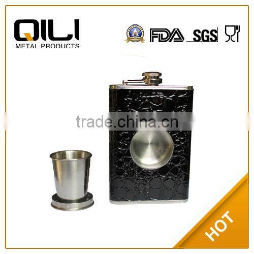 2015 new item cool alcohol 9oz stainless steel hip flask with collapsible shot glass cup