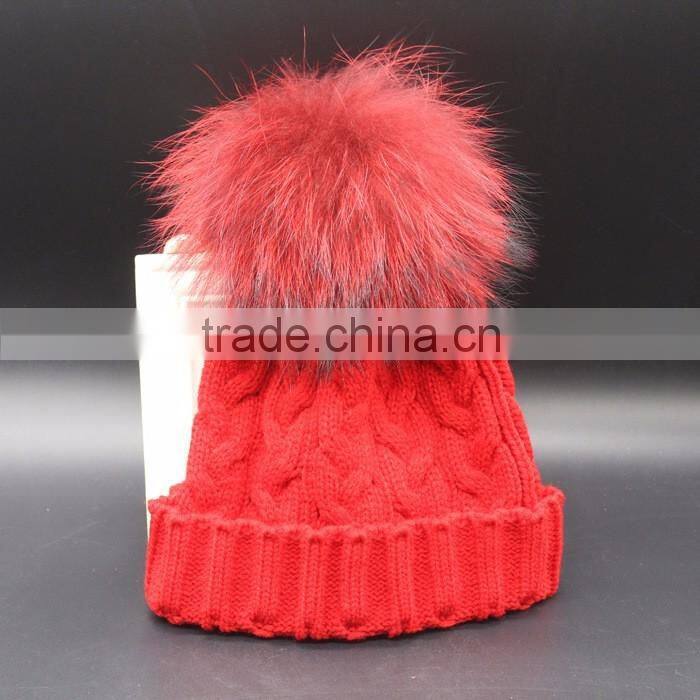 Wholesale New Colorful Detachable Raccon Fur Pompom Fashion Girls Winter Caps
