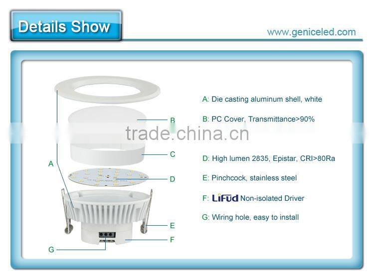 AC100-240V high quality non-isloated driver 3.5inch 5W led ceiling downlights