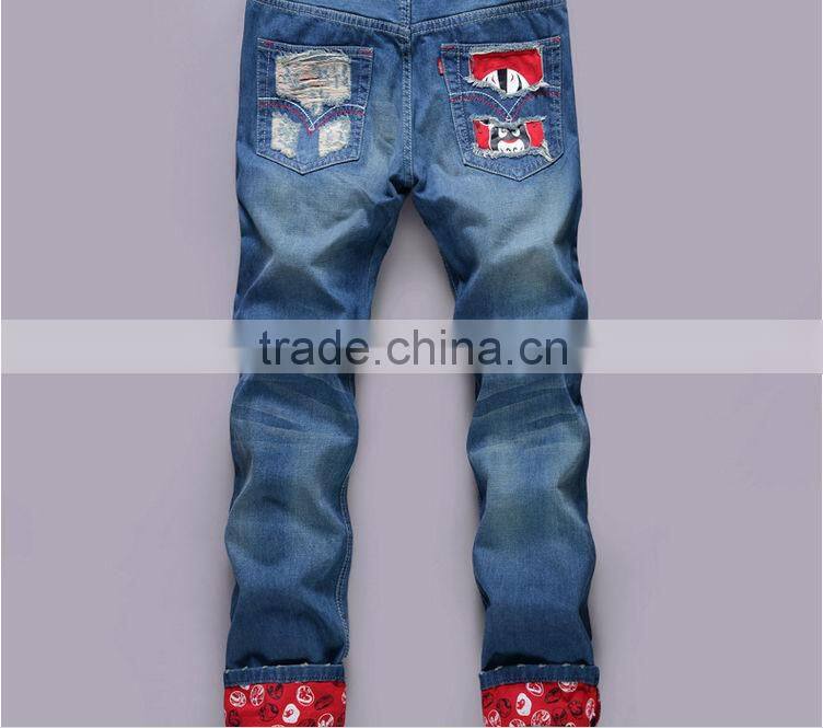 2015 Ripped Slim100% Cotton Jeans top fashion men designer jeans stock men stone washing hole blue jean trouser with opera face