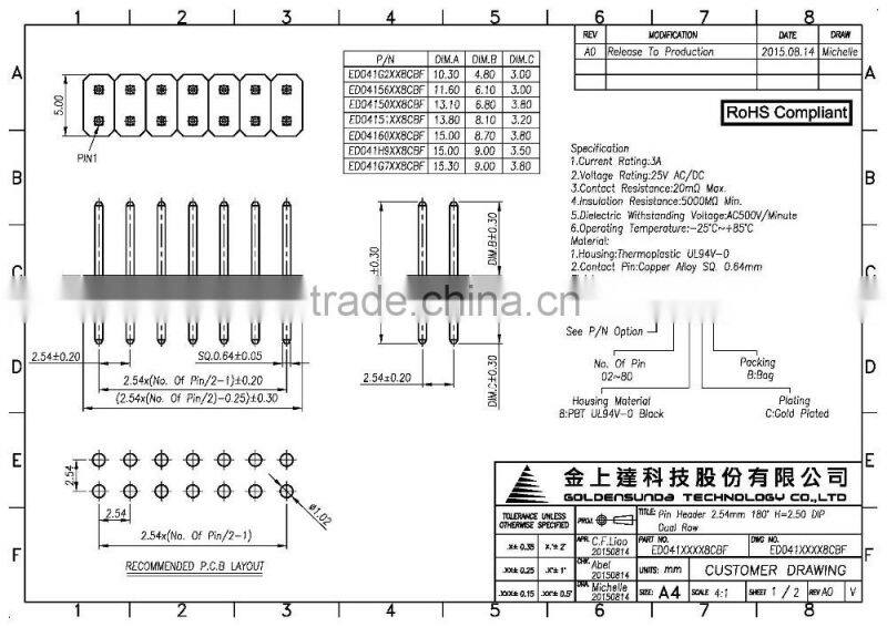 Pitch 2.54mm Double Row Pin Header Board to Board 2 ~ 80 Pin Connector