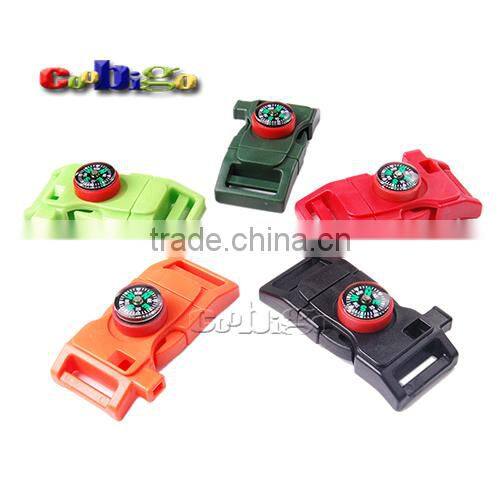 Compass Flint Fire Starter Curved Whistle Buckle Survival Emergency Paracord Bracelet Camping Kits#FLC487-20B/C(Mix-s)