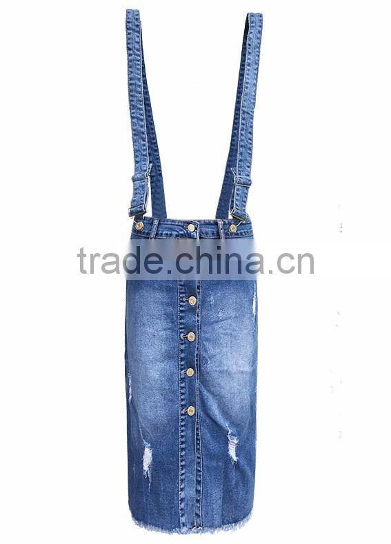 girls fashion women elastic straps skinny ripped front button denim jeans suspender skirt