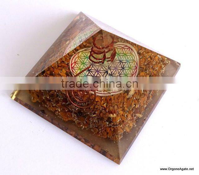 Big Orgonite Yellow Aventurine Pyramid With Flower Of Life Symbol And Crystal Point