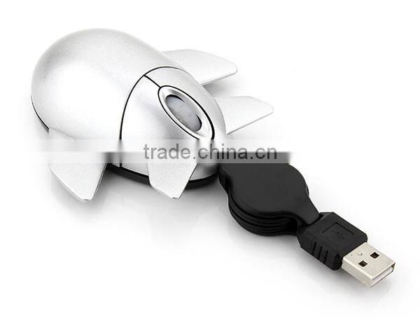 aeroplane shaped wired optical mouse with retractable cable