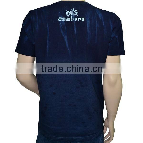 Men's T-shirt Knitted Denim Indigo Blue Cat-Scratch discharge Washed and used effects embroidery and prints