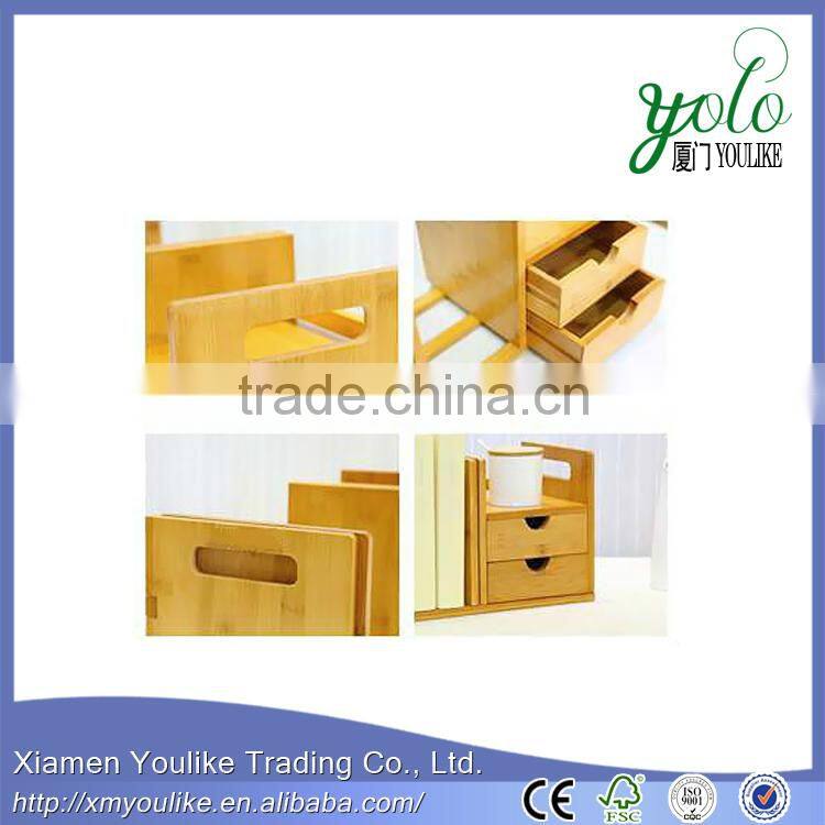 Mobile rotating design desk organizer Bamboo office Desk Organizer book rack with drawers