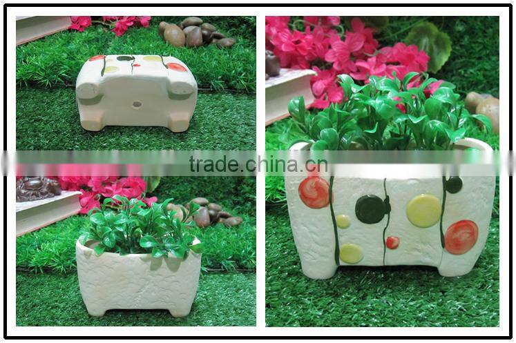 Blue flower decor ceramic flower pots with handle, garden planter pot