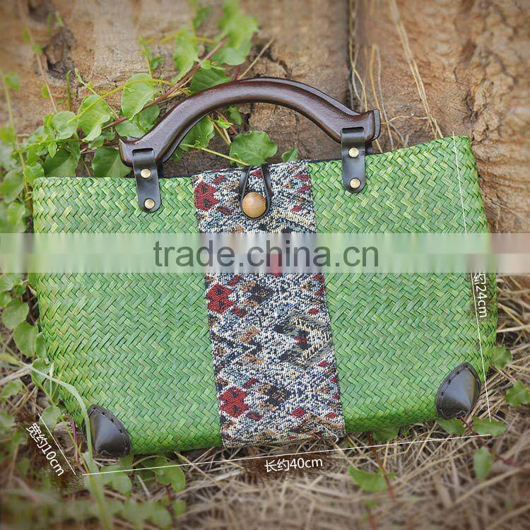 Top quality wood handle beach bag green thailand straw bag