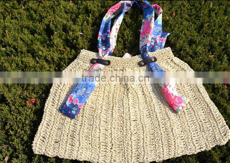 paper straw color women beach tote bag with cloth handle