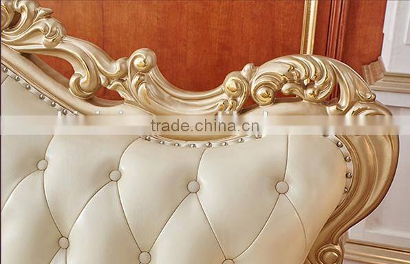 Neoclassic style solid wood champagne gold carving leather sofa set