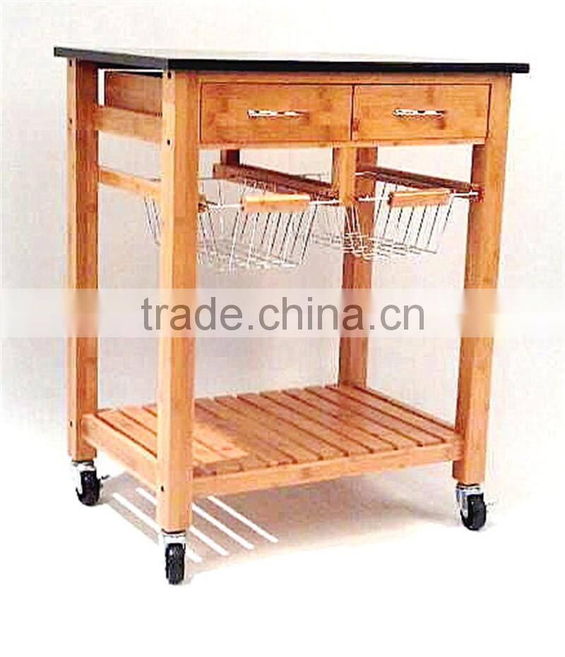 Hot sale bamboo kitchen trolley design with basket and wheels