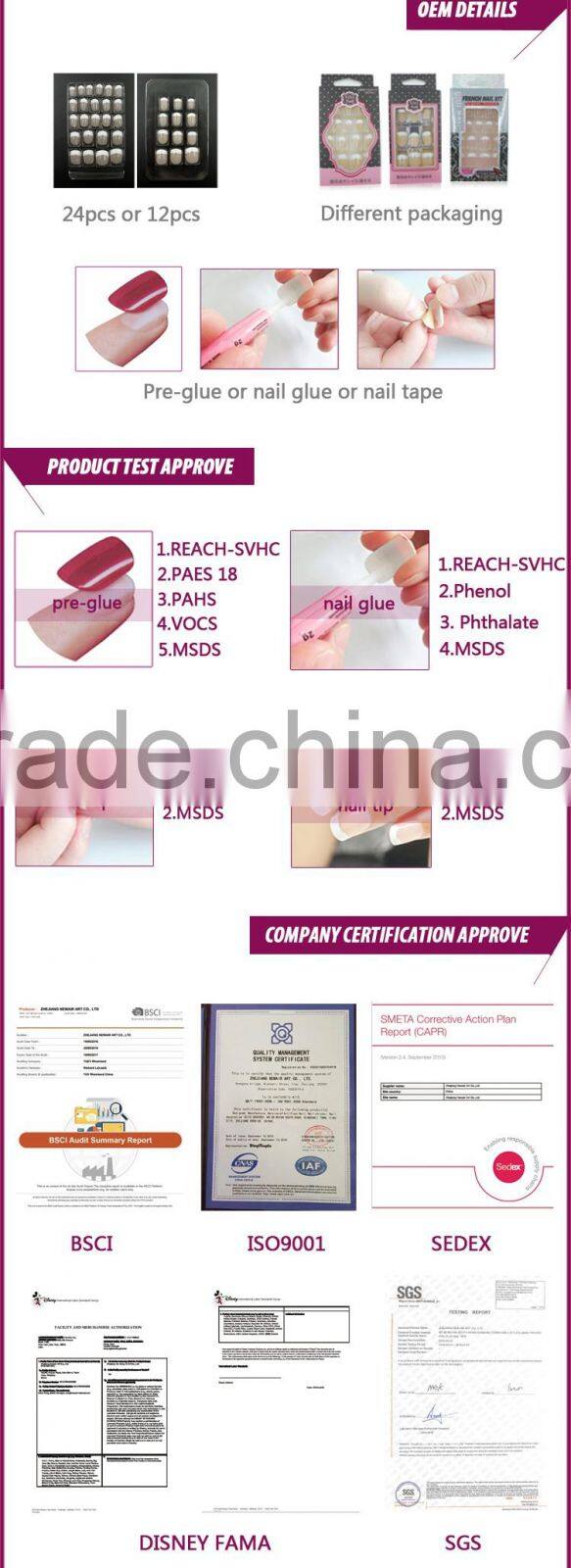 Colorful press stick on Artificial french nails with glue