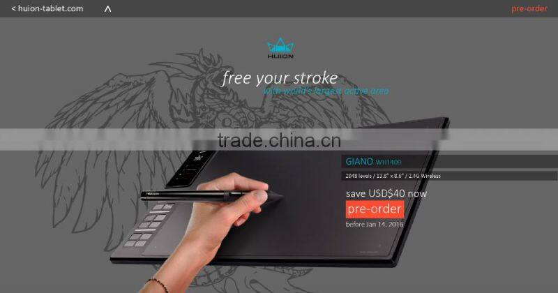 2016 hot sale! Huion giano WH1409 largest wireless graphic drawing tablet digital pen tablet