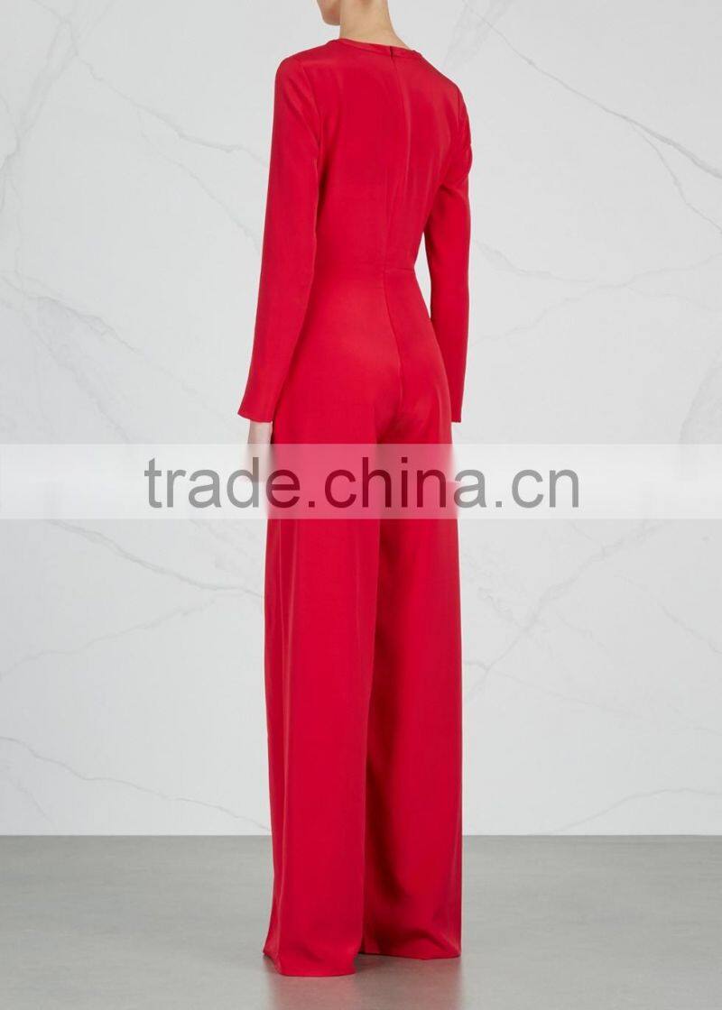 Wholesale Women Apparel Red Stretch Silk Tie-front Wid-leg Jumpsuit(DQE0137J)