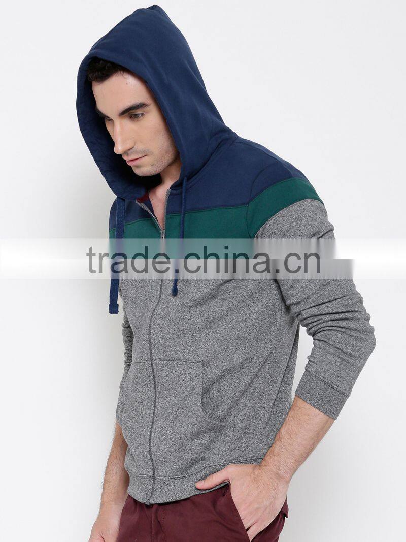 Grey Colourblocked Sweatshirt With Grindle Effect Customizable Full Zip Closure Long Sleeves Sweater Split Kangaroo Pocket