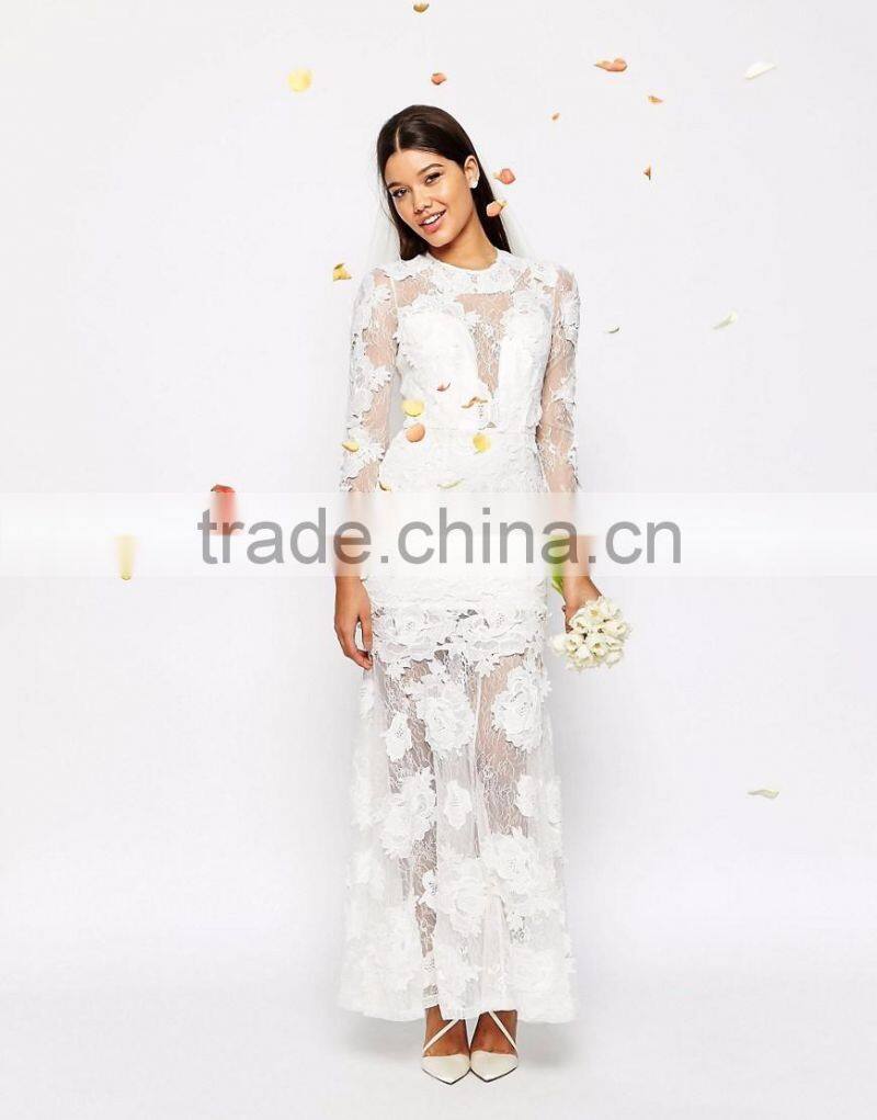 MGOO Lace 3D Floral Fishtail Maxi Dress Crew Neck Long Sleeves Embroidered Wedding Dress Bridal Grown