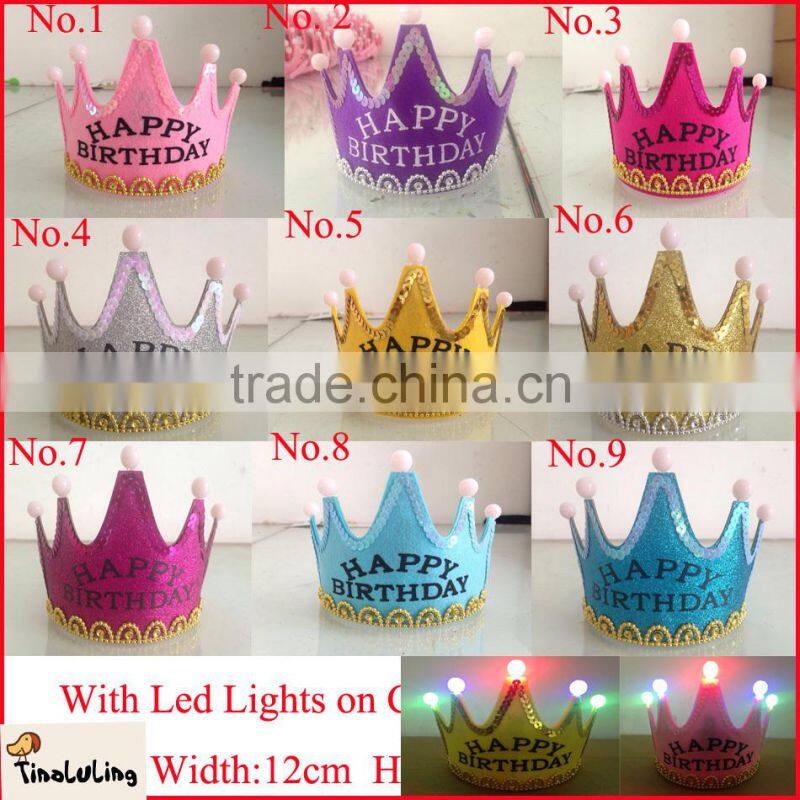 2015 pink happy birthday headwear pageant crowns hair accessory with light