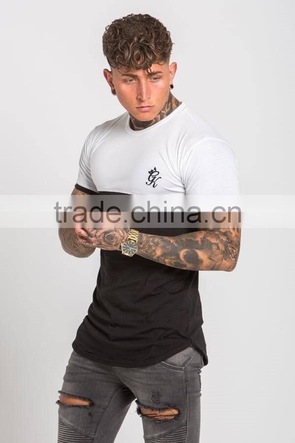 96% Cotton 4% Elastane Mens Gym Fitted Extend Long T-Shirt Short Sleeve Curved Hem Long Tee Tapered 2 Tone Panelled T Shirt