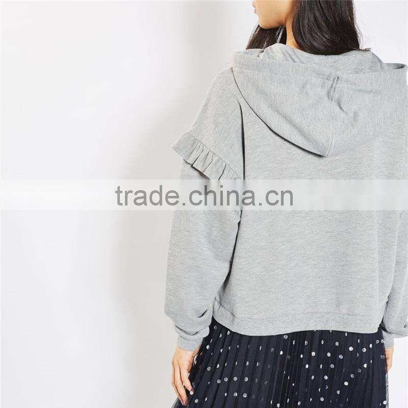 2017 oem spring long sleeves solid color pretty ruffle grey marl hoodie