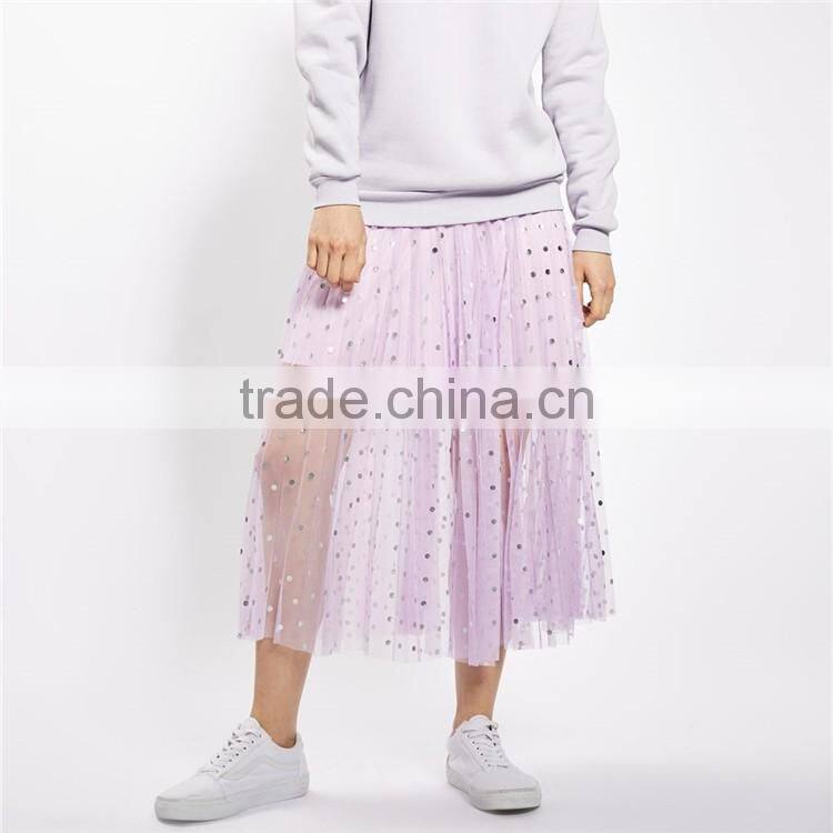 2017 OEM Summer Semi Perspective Tulle Flowy Skirts with Paillettes