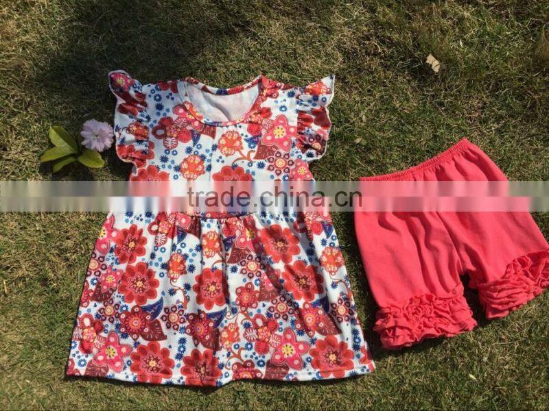 2016 hot sale girls feather flutter sleeve tops icing shorts set bulk wholesale kids toddler's clothing designer