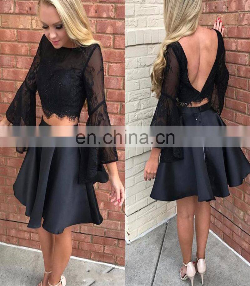 Two Pieces Black Exquisite Short Cocktail Dress Bateau Long Sleeve Beaded Satin Prom Dress