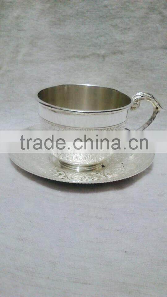 Silver Plated Engraved Brass Tea Coffee Cups & Plated Set Of Four Piece With Serving Tray