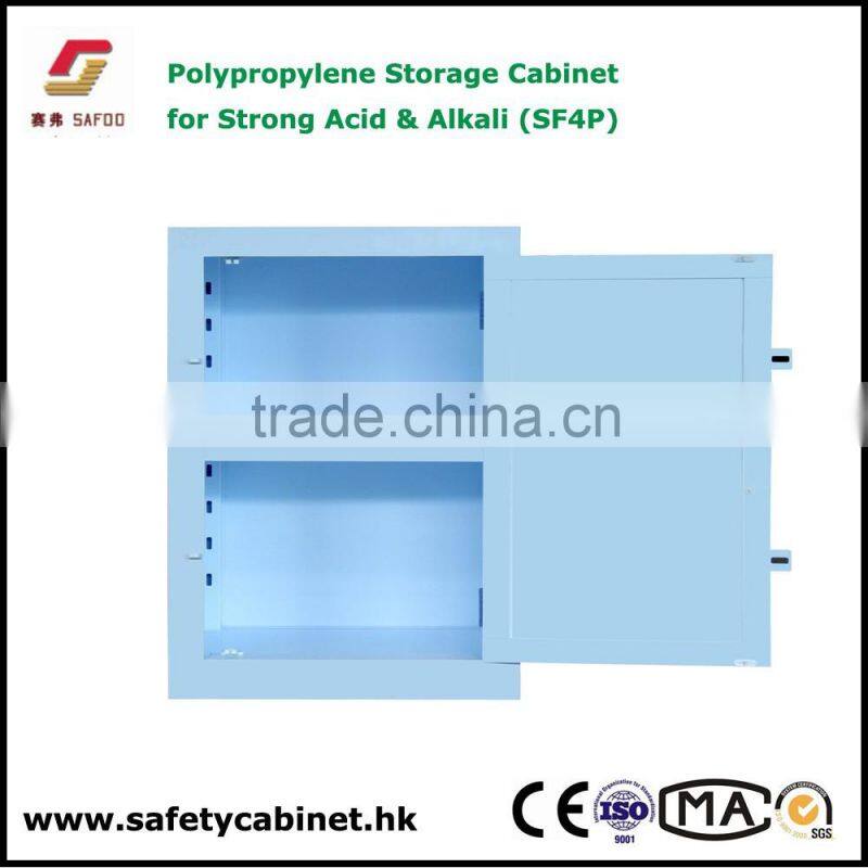 Mini white poly acid corrosive storage cabinets 2 padlocks six 2-1/2 liter bottles storage 1 door