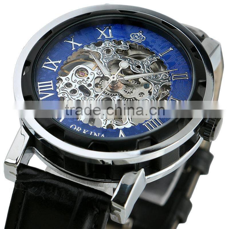 ESS Unisex Skeleton Dial Dark Blue Leather Strap Mechanical Luminous Watch WM341